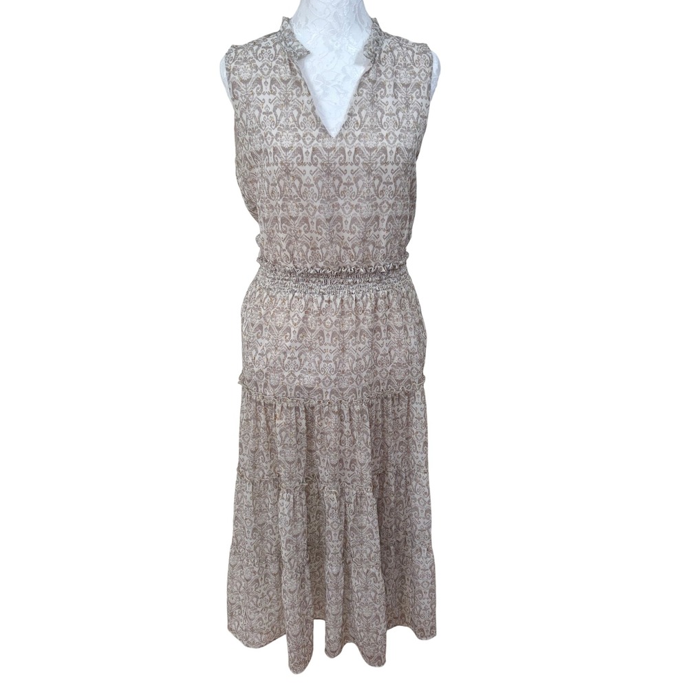 Drew Oatmeal Paisley Sleeveless Smocked Waist Tiered Skirt Maxi Dress Womens S